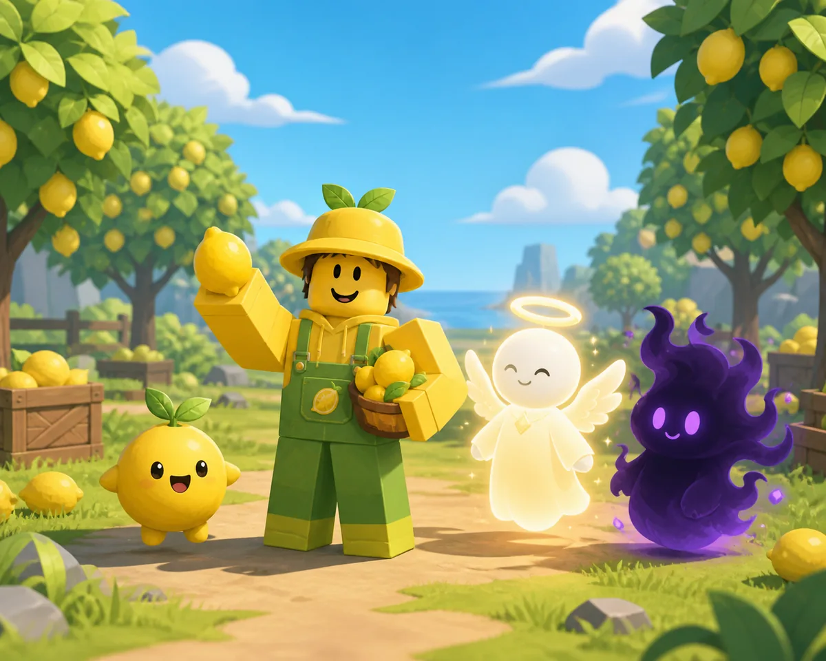 Fan-made explanatory illustration of a Sell Lemons avatar with fruit, angel, and void companions