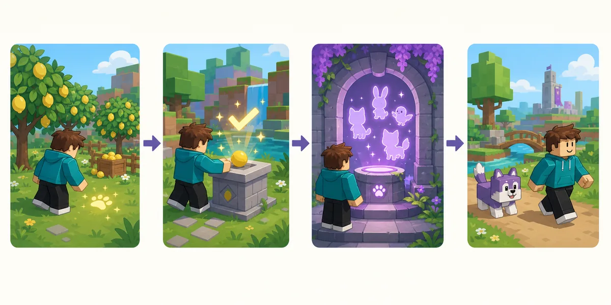Fan-made four-step illustration showing how a Sell Lemons player discovers, earns, equips, and checks a companion