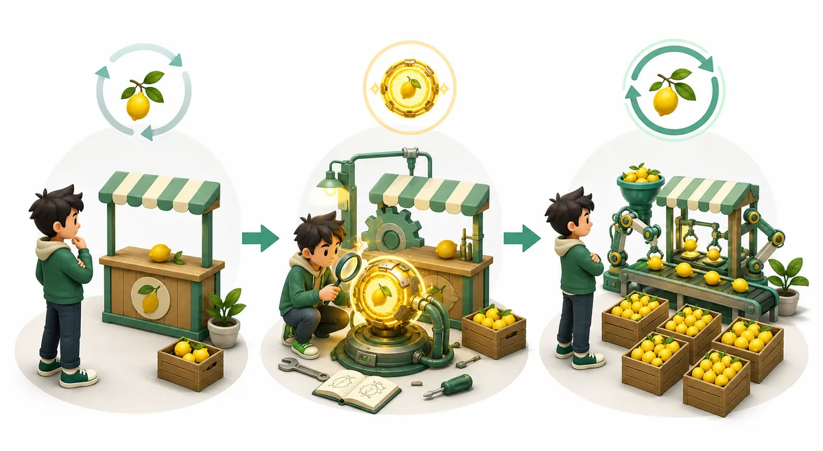 Three-stage fan-guide illustration showing a slow lemon stand, an inspected upgrade core, and a faster automated loop