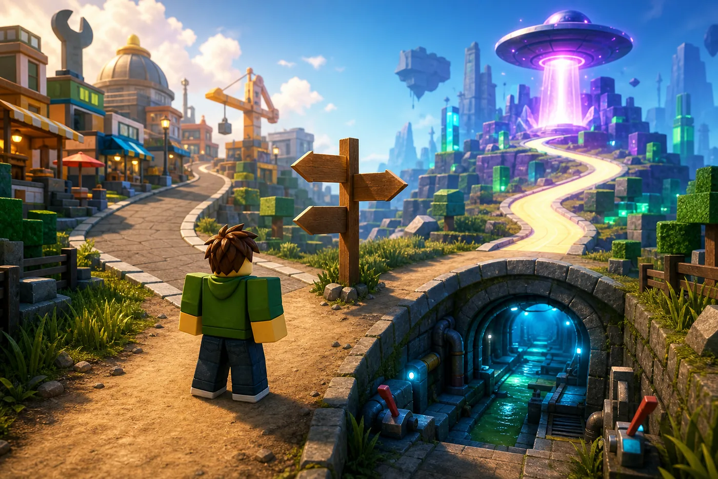 Editorial illustration of a player choosing town, sewer, or UFO routes