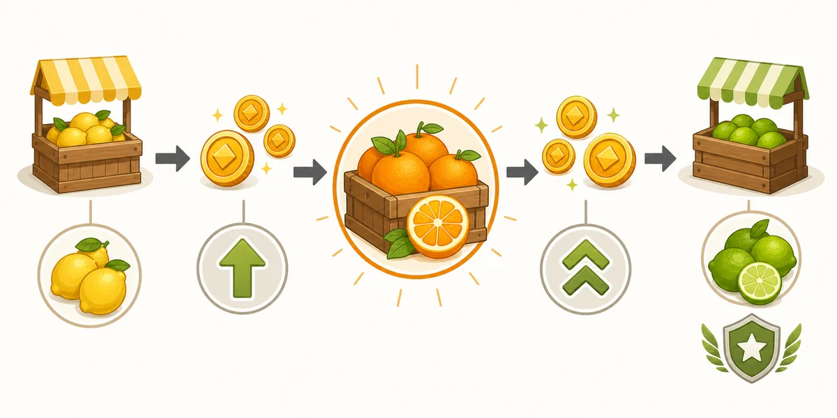 Progressao ilustrada de Sell Lemons de limoes a laranjas e planejamento de lima