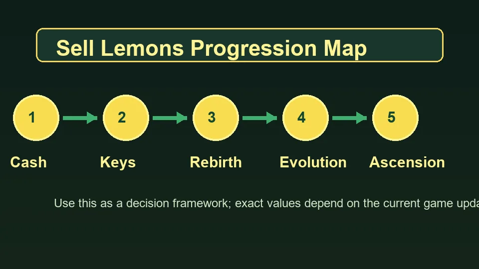 Sell Lemons progression map showing cash, key, rebirth, evolution, and ascension milestones