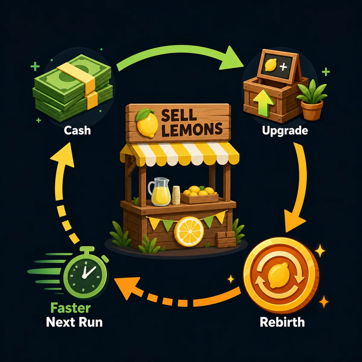 Illustrazione editoriale del ciclo rebirth di Sell Lemons con denaro, upgrade e run successiva più veloce