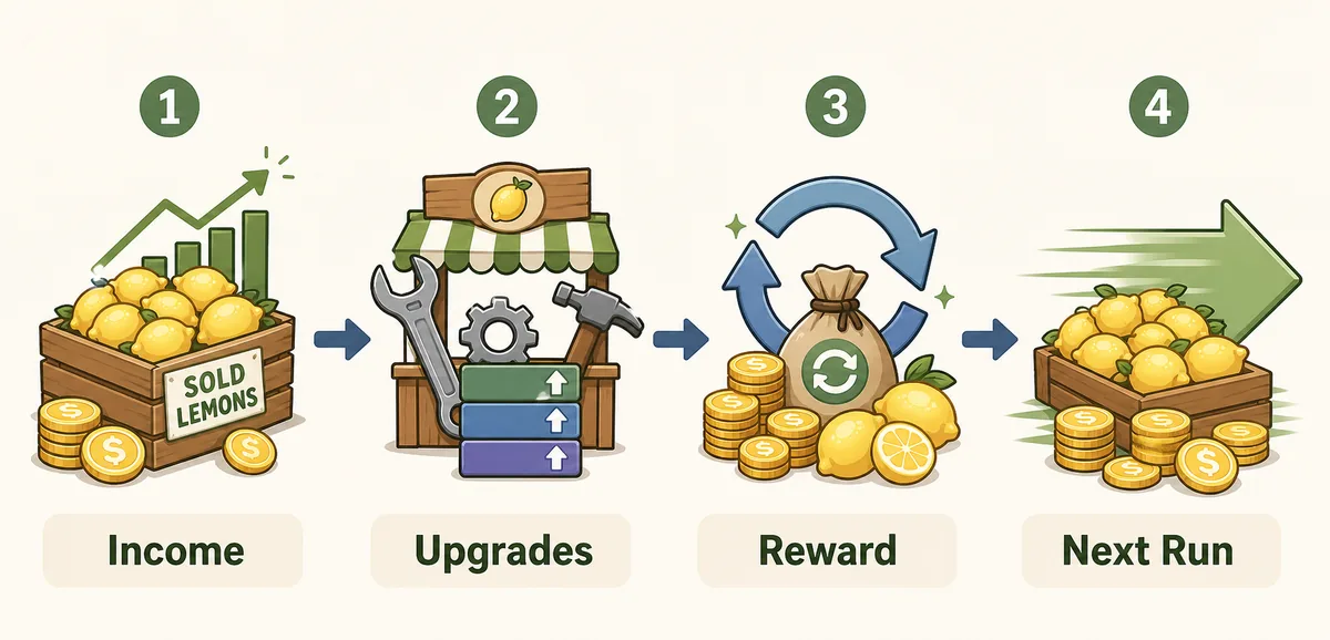 Flusso di timing rebirth Sell Lemons da reddito e upgrade fino a ricompensa e run successiva