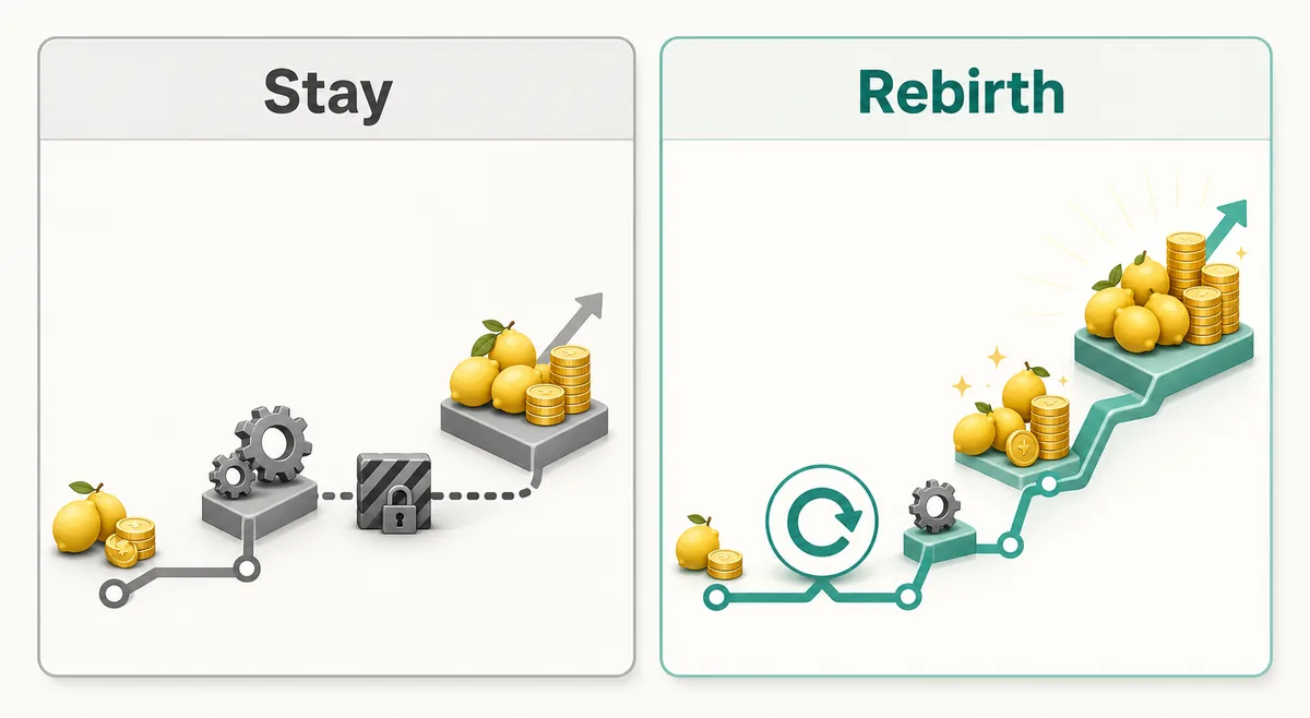 Confronto tra restare nella run attuale di Sell Lemons e usare rebirth per scalare meglio