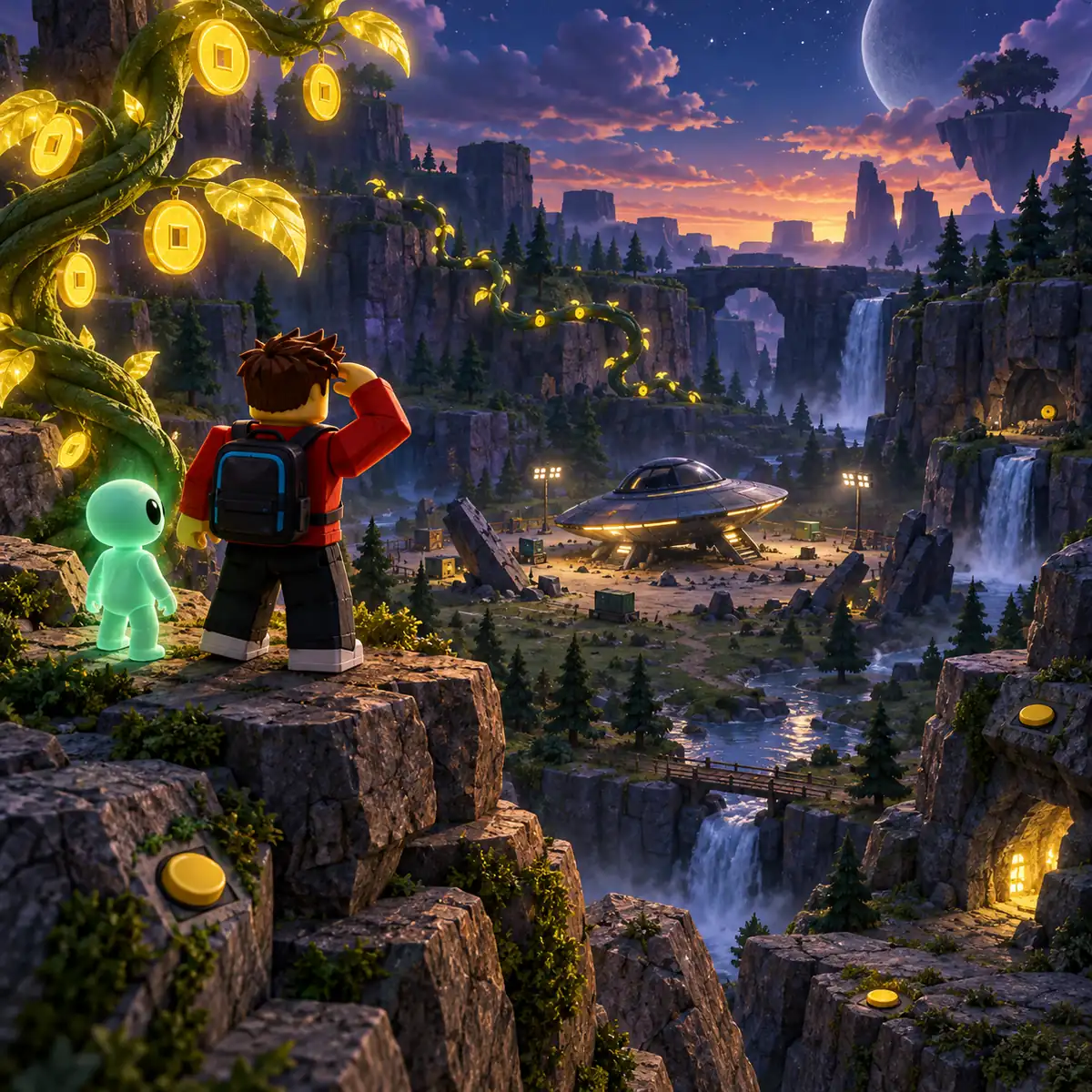 Illustrated Sell Lemons exploration area with a UFO, alien companion and glowing hidden buttons