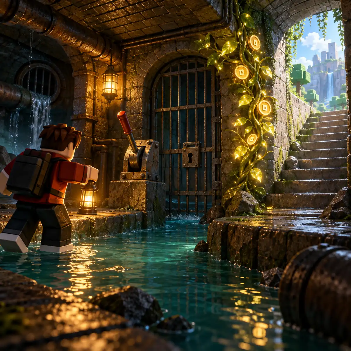 Illustrated Sell Lemons sewer route with a lever, locked gate and glowing clue