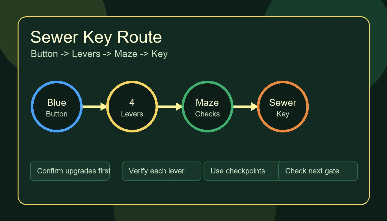 Schéma de route de la clé des égouts Sell Lemons avec bouton, leviers, labyrinthe et récompense